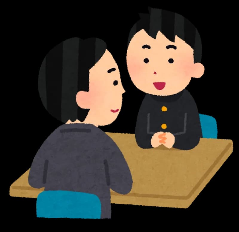 机をはさんで大人と向かい合い、笑顔で話している制服姿の生徒のイラスト。