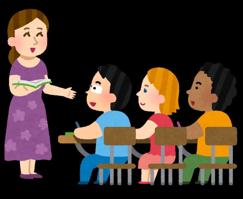 さまざまな国籍の子どもたちが並ぶ教室で授業をしている女性教師のイラスト。