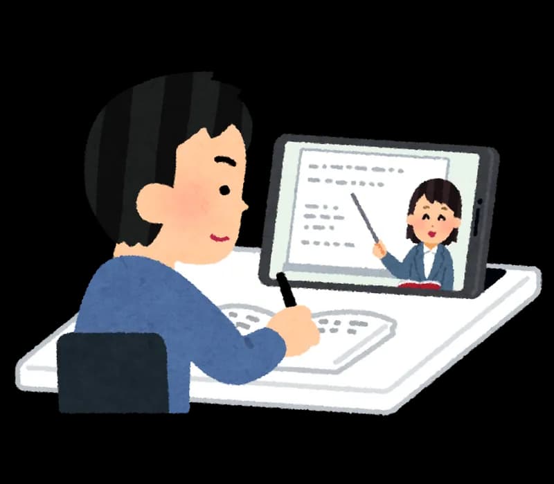 自宅の机で、画面越しに講師とつないでオンライン授業を受けている男子生徒のイラスト。