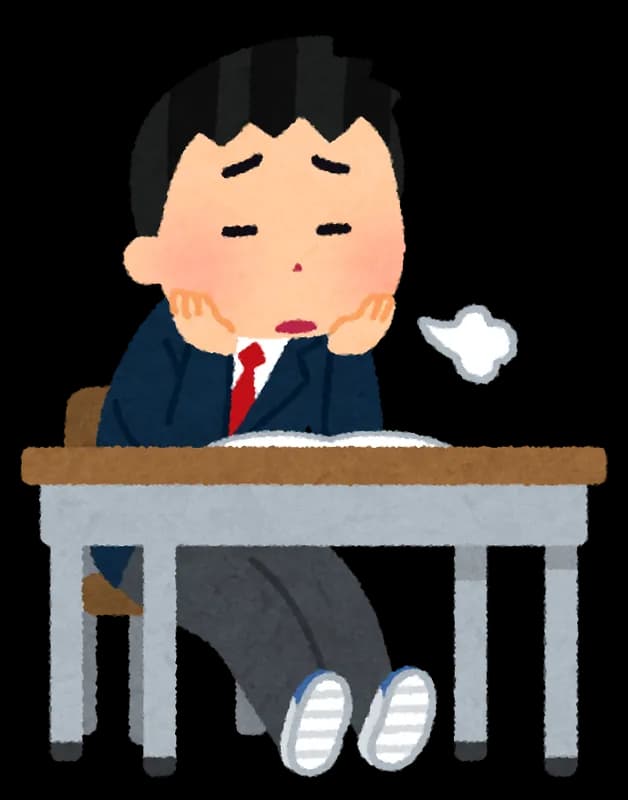 机に頬づえをつき、ため息をついて気持ちが晴れない様子の生徒のイラスト。