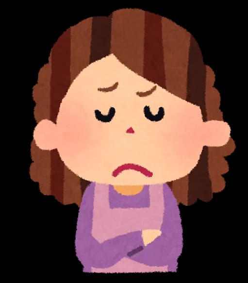 腕を組み、困った表情で悩んでいる母親のイラスト。