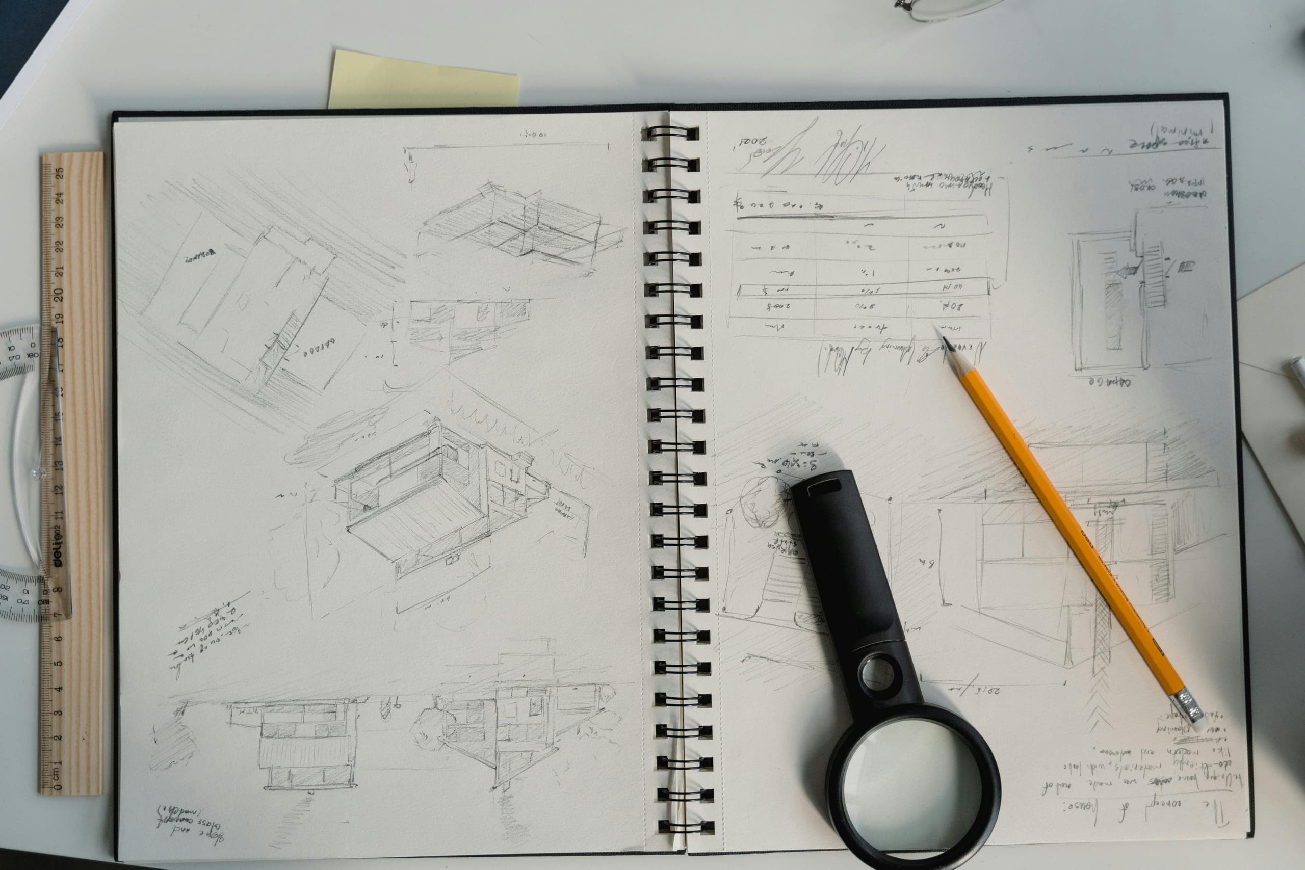 A spread of design sketches and a sketchbook